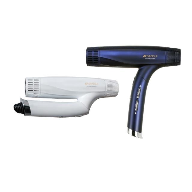  SANSUI 山水 Neptunus SH-GU90 專業負離子折疊吹風機，1400W 強勁功率，支援三段風速與三段溫度調節，內建溫控、冷風及負離子功能，有效護髮防毛躁。輕巧380g設計，機身可折疊，展開尺寸220x205x55mm，便於攜帶。顏色選擇月瑩白或皇室藍，標準配件含速乾護髮吹嘴、集中吹嘴及烘罩器。110V 電壓，中國製造，享1年保固，BSMI 認證 R51434，完美適合日常造型需求。 