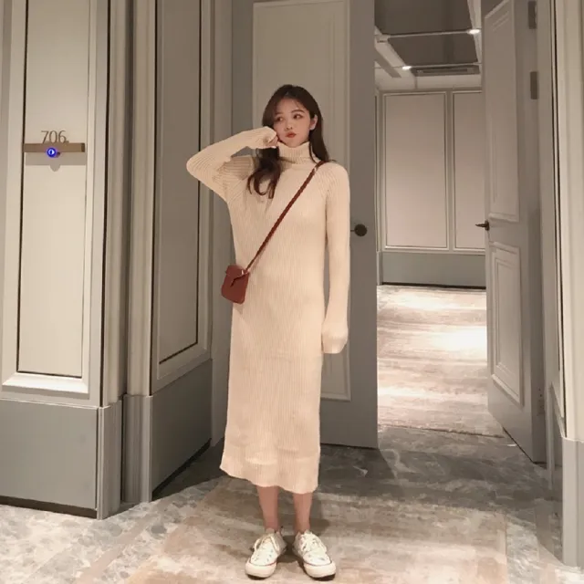 【AS 梨卡】女裝 高領 洋裝 連身裙 長裙 長洋裝 針織裙 針織洋裝 毛衣洋裝 美拉德穿搭BR5999