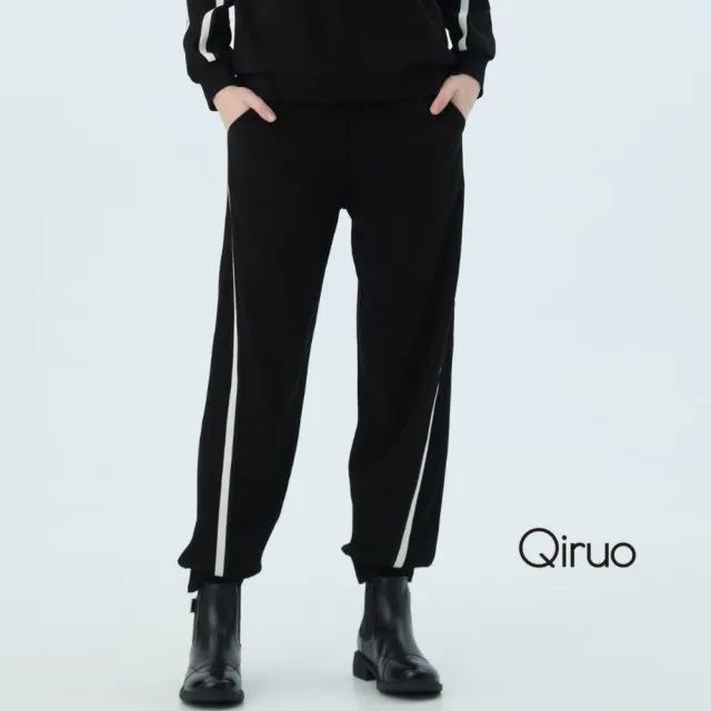 【Qiruo 奇若名品】厚磅棉質 寬鬆緊腰黑色休閒褲7232C 