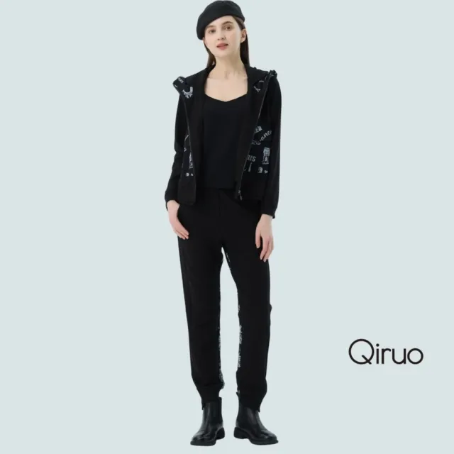 【Qiruo 奇若名品】雙布料拼接 束口黑色休閒褲7230C