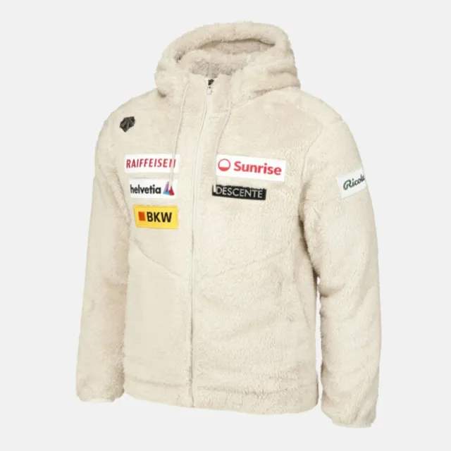 【DESCENTE】外套 女 運動連帽外套 刷毛 (SWISS SKI) HIGH-LOFT FLEECE JACKET 米白 SQ423SKTO3-LBEG
