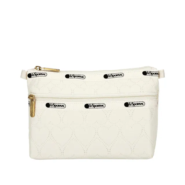 【Lesportsac】Cosmetic Clutch 雙層拉鍊化妝包 收納袋 盥洗包 女包(米白愛心壓紋)