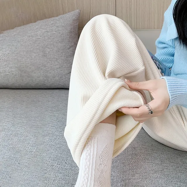 【D.studio】韓版內刷毛加厚運動寬鬆高腰寬褲(褲子長褲休閒褲女裝高腰褲直筒褲黑褲發熱褲保暖褲 P302)