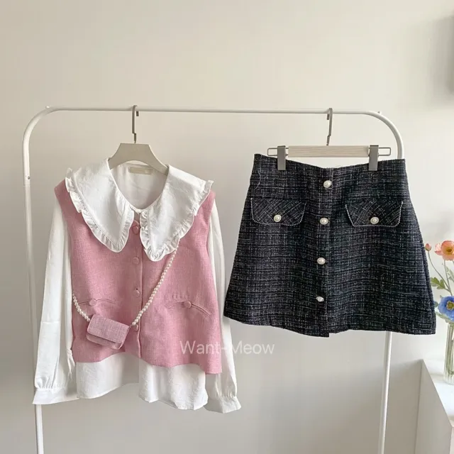 【Want-Meow】80公斤可穿/韓系氣質精緻小香風背心附小包(大碼/中大碼/大尺碼/背心)
