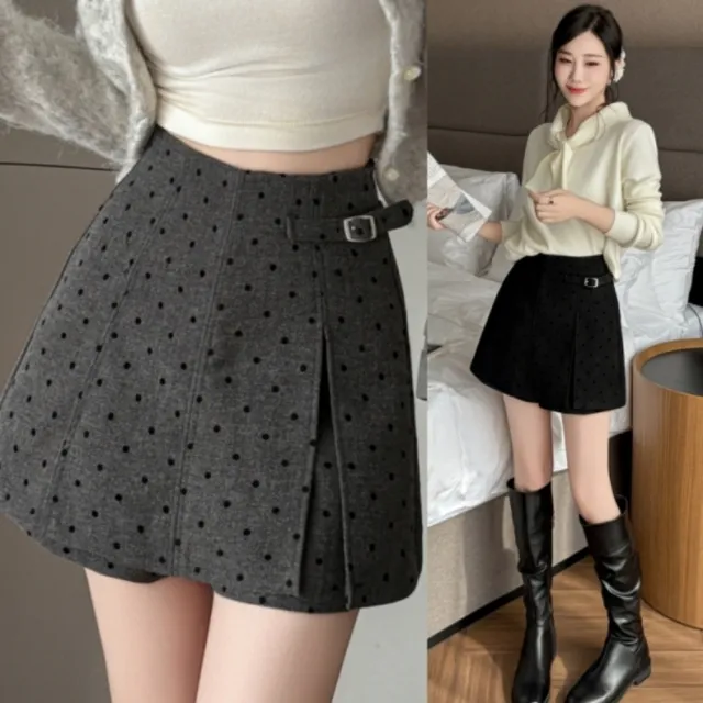 【baibeauty 白鳥麗子】裙子．毛呢壓點腰帶立體剪裁短褲裙