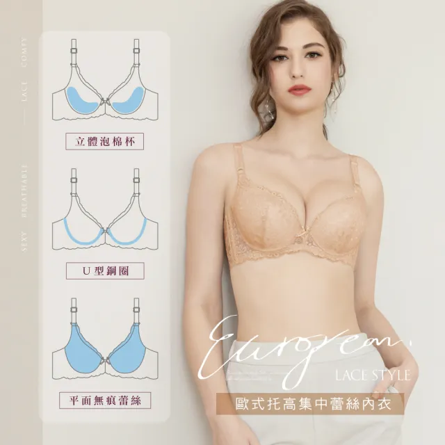【Clany 可蘭霓】法式蕾絲集中提拉ABC罩杯性感小胸 台灣製女內衣 下厚上薄不簍空(優雅膚 6265-11)