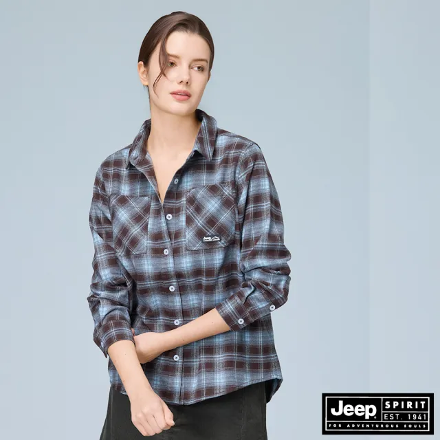 【JEEP】女裝 休閒風格紋長袖襯衫(藍色)