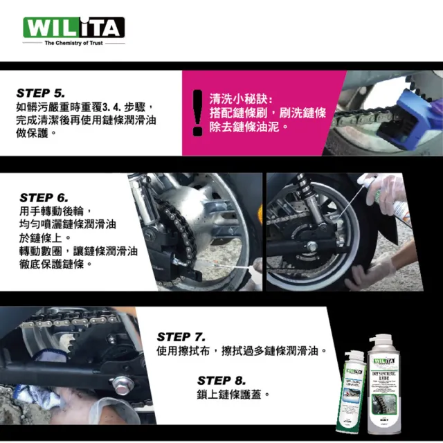 【WILITA 威力特】鏈條清潔4件組_適GOGORO 重機 自行車  檔車(鏈條清潔劑+鏈條油+鏈條刷+纖維布)