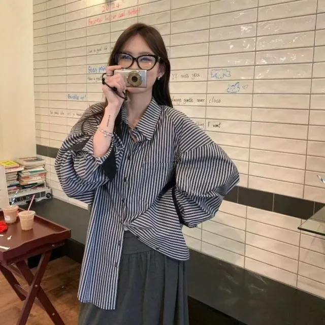 【AKARA】韓系生活風直條紋寬鬆長袖襯衫上衣 (罩衫穿搭/L-3XL中大尺碼/女裝)