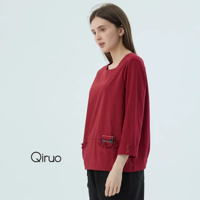 【Qiruo 奇若名品】棉質 圓領七分袖雙口袋紅長袖上衣7212A