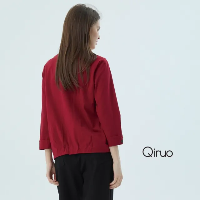 【Qiruo 奇若名品】棉質 圓領七分袖雙口袋紅長袖上衣7212A