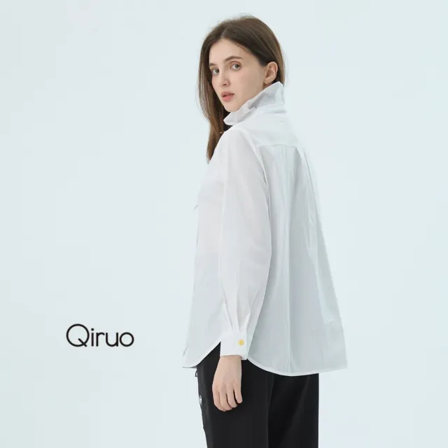 【Qiruo 奇若名品】精梳棉質荷葉領彩色排扣 長袖白襯衫造型襯衫7210A