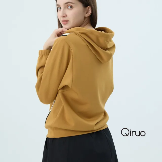 【Qiruo 奇若名品】棉質 連帽寬版線條芥末黃長袖上衣7208A