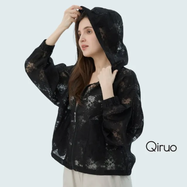 【Qiruo 奇若名品】黑蕾絲布料 拉鍊連帽 束腰外套7055E 