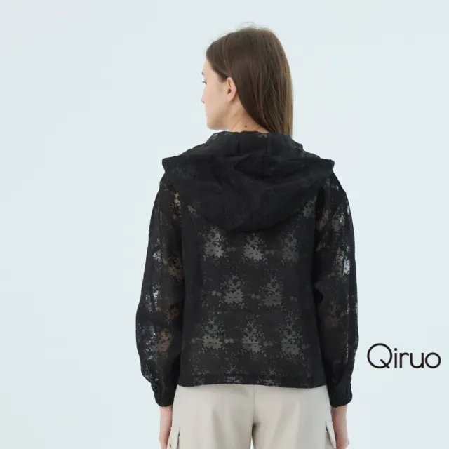 【Qiruo 奇若名品】黑蕾絲布料 拉鍊連帽 束腰外套7055E 