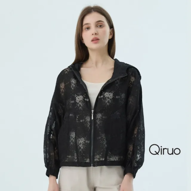 【Qiruo 奇若名品】黑蕾絲布料 拉鍊連帽 束腰外套7055E