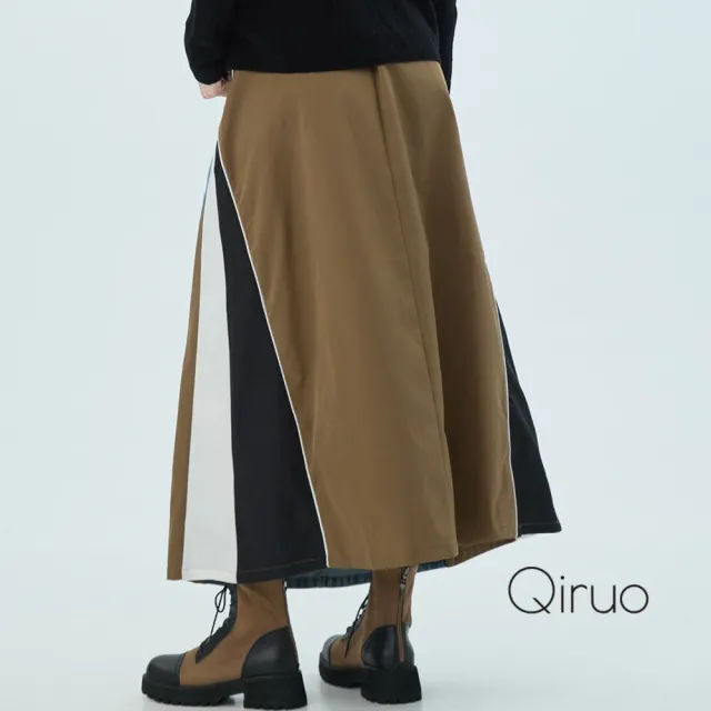 【Qiruo 奇若名品】牛仔布料三色拼接 鈕釦拉鍊 造型 大A牛仔裙2506B
