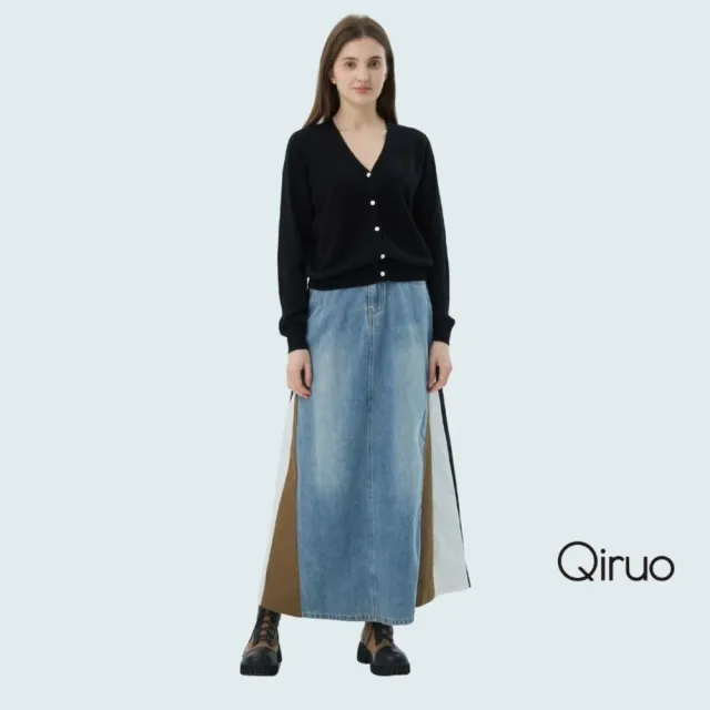 【Qiruo 奇若名品】牛仔布料三色拼接 鈕釦拉鍊 造型 大A牛仔裙2506B