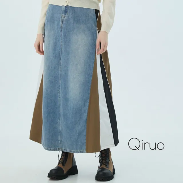 【Qiruo 奇若名品】牛仔布料三色拼接 鈕釦拉鍊 造型 大A牛仔裙2506B