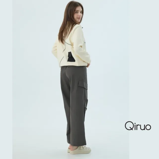 【Qiruo 奇若名品】防水材質  鬆緊腰側邊大口袋 灰色休閒褲7151C