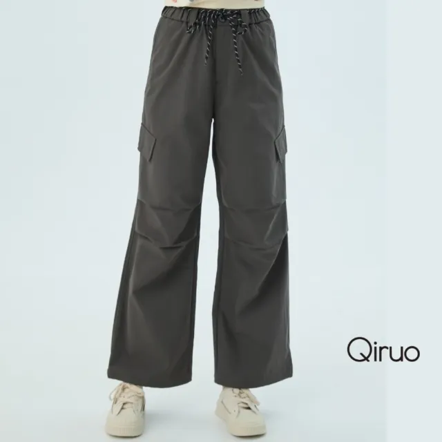 【Qiruo 奇若名品】防水材質 鬆緊腰側邊大口袋 灰色休閒褲7151C