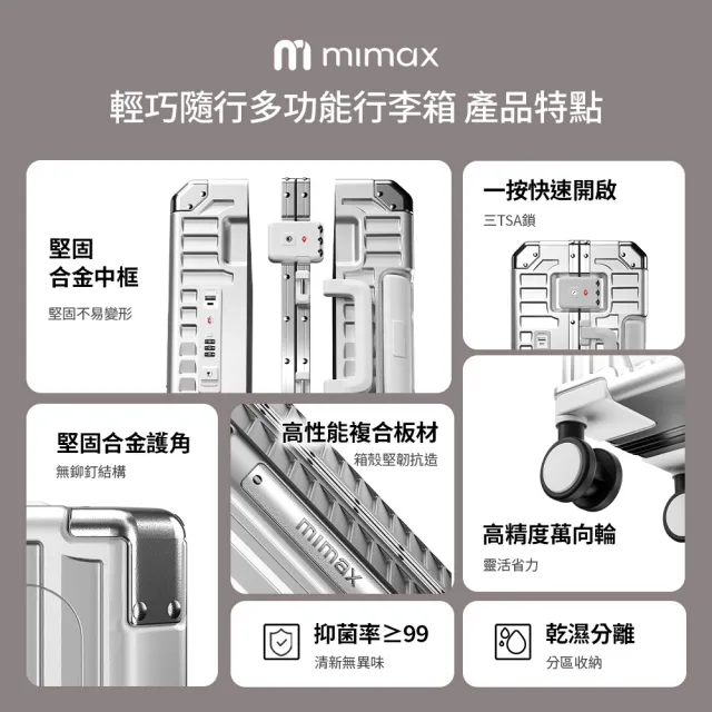 【米覓 mimax】輕巧隨行多功能行李箱 18吋(行李箱 拉桿箱 旅行箱 USB充電設計 鋁框 小米生態鍵)