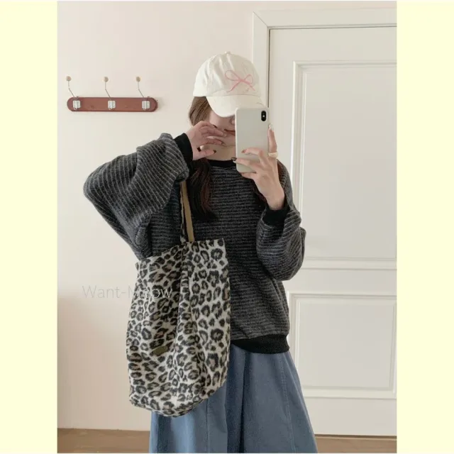 【Want-Meow】氣質日系網美都在搭配的氣質可放A4兩面豹紋手提包手提袋托特包