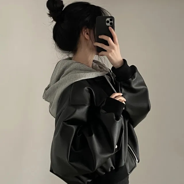 【AS 梨卡】女裝 外套 皮衣 連帽外套 復古皮衣 休閒寬鬆外套 假兩件連帽皮衣 秋冬保暖 WT288