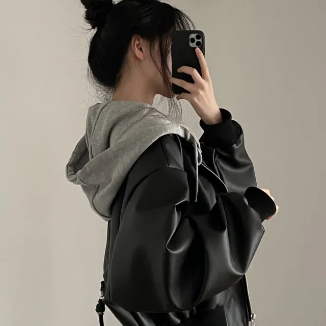 【AS 梨卡】女裝 外套 皮衣 連帽外套 復古皮衣 休閒寬鬆外套 假兩件連帽皮衣 秋冬保暖 WT288