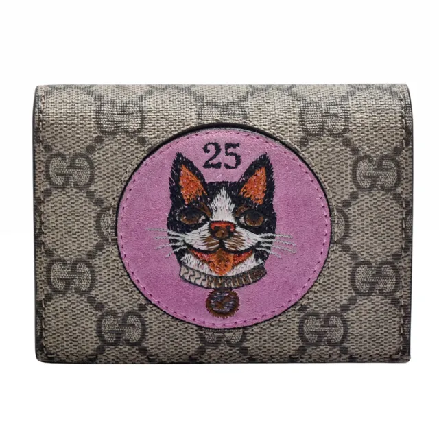 【GUCCI 古馳】經典GG Supreme Bosco系列帆布牛皮梗犬貼片暗扣短夾(烏木色/紅色)