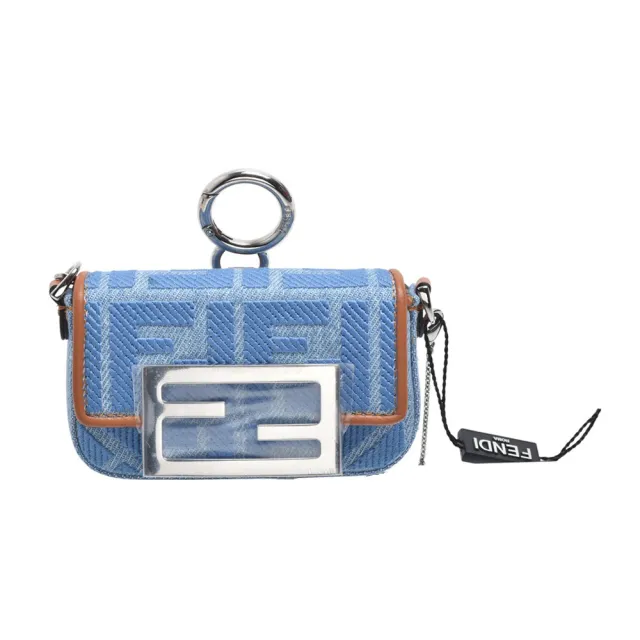 【FENDI 芬迪】經典金屬FF磁扣緹花牛仔布鏈帶圓釦環小包/耳機包(迷你-藍色)
