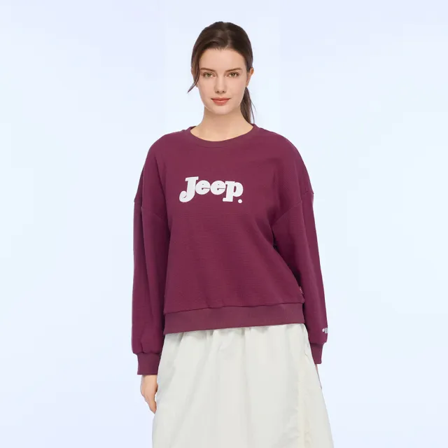 【JEEP】女裝 華夫格短版長袖大學T(紅色)