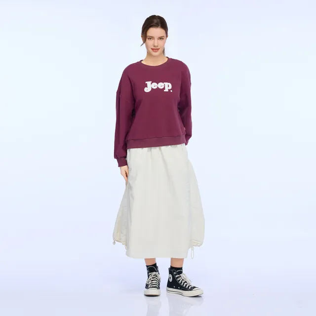 【JEEP】女裝 華夫格短版長袖大學T(紅色)