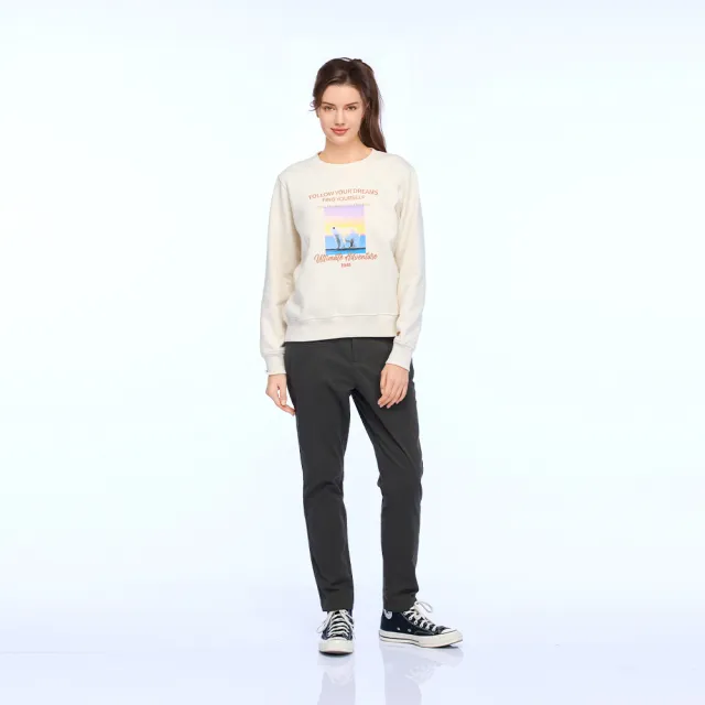 【JEEP】女裝 北極熊相片印花刷毛長袖大學T(白色)