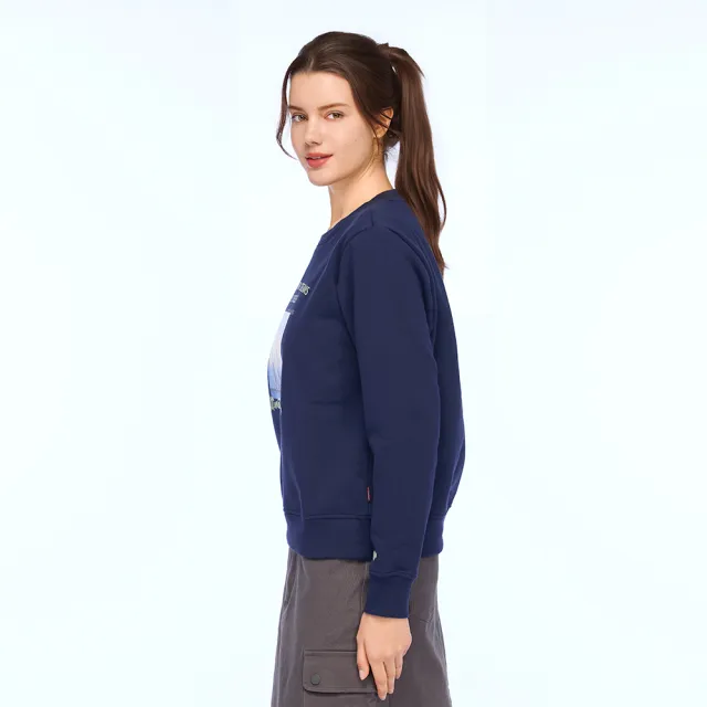 【JEEP】女裝 北極熊相片印花刷毛長袖大學T(藍色)