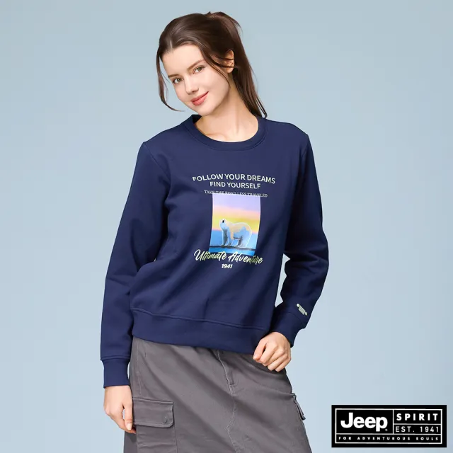 【JEEP】女裝 北極熊相片印花刷毛長袖大學T(藍色)