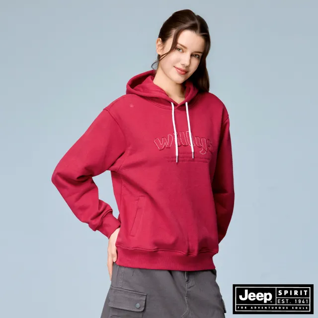 【JEEP】女裝 造型LOGO刺繡長袖連帽T恤(藍色)