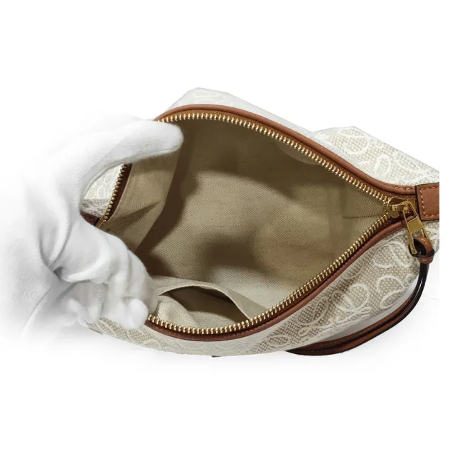 【LOEWE 羅威】A906K75X21 Cubi Anagram緹花布面拚接小牛皮手提包(亞麻色-福利品)