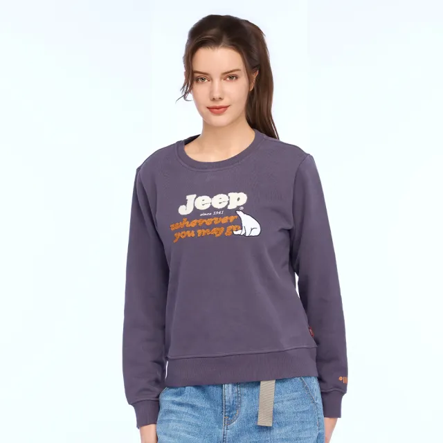 【JEEP】JEEP 女裝 北極熊毛巾繡長袖刷毛大學T(紫色)