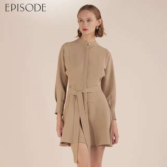 【EPISODE】出清品 簡約顯瘦綁帶紐扣長袖洋裝E30504（卡其）