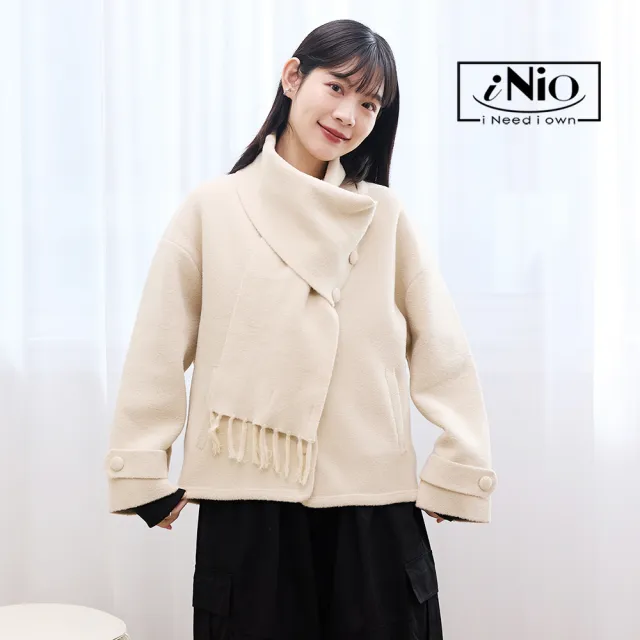 【iNio 衣著美學】圍巾式典雅毛呢外套 V領搭配扣環圍巾 寬鬆剪裁 長袖上衣外套 CDW4734