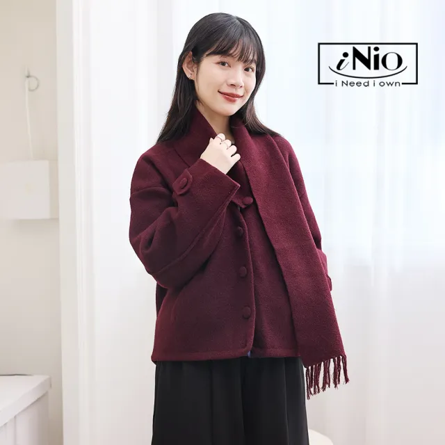 【iNio 衣著美學】圍巾式典雅毛呢外套 V領搭配扣環圍巾 寬鬆剪裁 長袖上衣外套 CDW4734