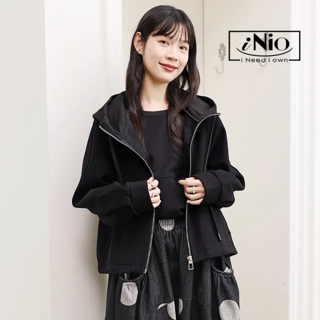 【iNio 衣著美學】保暖舒適抽繩連帽長袖外套 內刷毛 翻領連帽 落肩縮口袖 長袖外套 CEW4845