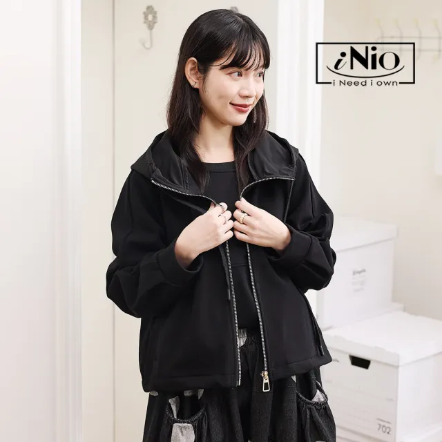 【iNio 衣著美學】保暖舒適抽繩連帽長袖外套 內刷毛 翻領連帽 落肩縮口袖 長袖外套 CEW4845