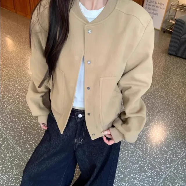 【AS 梨卡】女裝 外套 大衣 毛呢外套 棒球外套 保暖毛呢 連帽外套 短版毛呢 灰色夾克FR1049