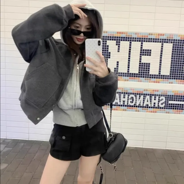 【AS 梨卡】女裝 外套 大衣 毛呢外套 棒球外套 保暖毛呢 連帽外套 短版毛呢 灰色夾克FR1049