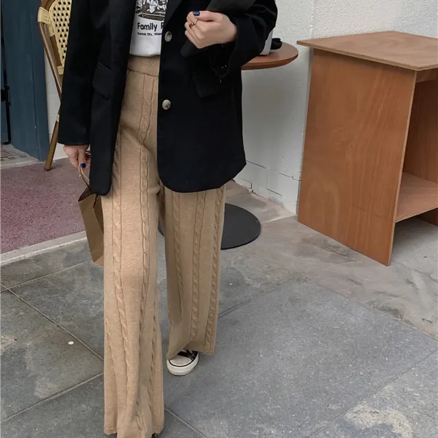 【AS 梨卡】女裝 長褲 拖地褲 直筒褲 麻花 針織 闊腿褲女 毛線直筒褲 顯瘦 秋冬長褲 ES122