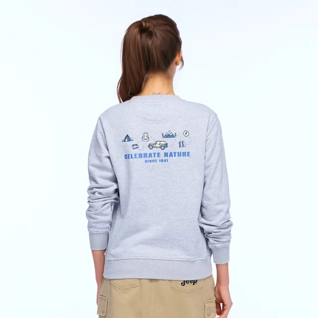 【JEEP】女裝 山系露營印花長袖大學T(灰色)