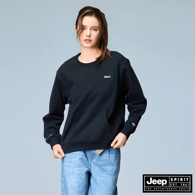 【JEEP】女裝 袋鼠貼口袋長袖大學T(黑色)