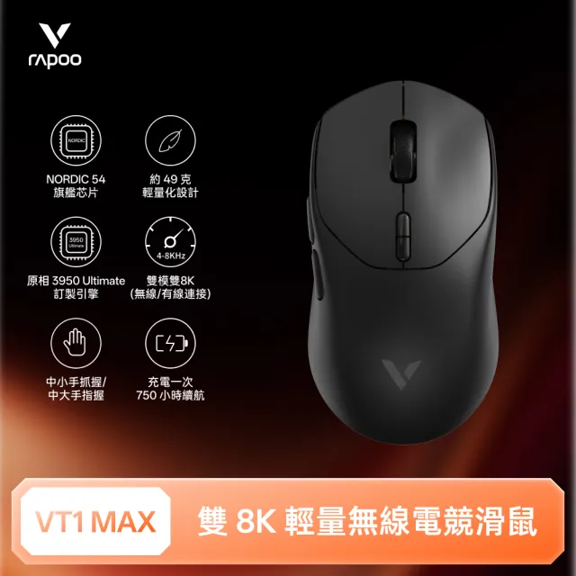 【rapoo 雷柏】VT1 MAX 輕量雙模雙8K人體工學電競滑鼠